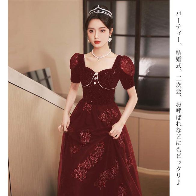パーティードレス ロング丈 結婚式 ワンピース パーティドレス ファスナータイプ 花嫁 演奏会 お呼ばれ 袖あり ワンピース ドレス_3