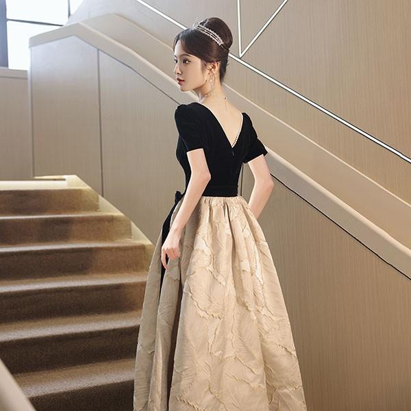 ドレス 大人 ピアノ 発表会 ロングドレス ミモレ丈 演奏会 結婚式 母親 袖付き 黒 披露宴 イブニングドレス パーティードレス 花嫁_3
