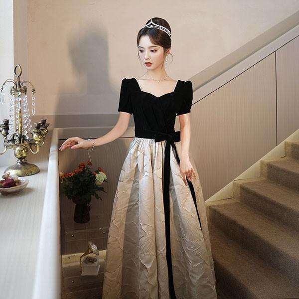 ドレス 大人 ピアノ 発表会 ロングドレス ミモレ丈 演奏会 結婚式 母親 袖付き 黒 披露宴 イブニングドレス パーティードレス 花嫁_4