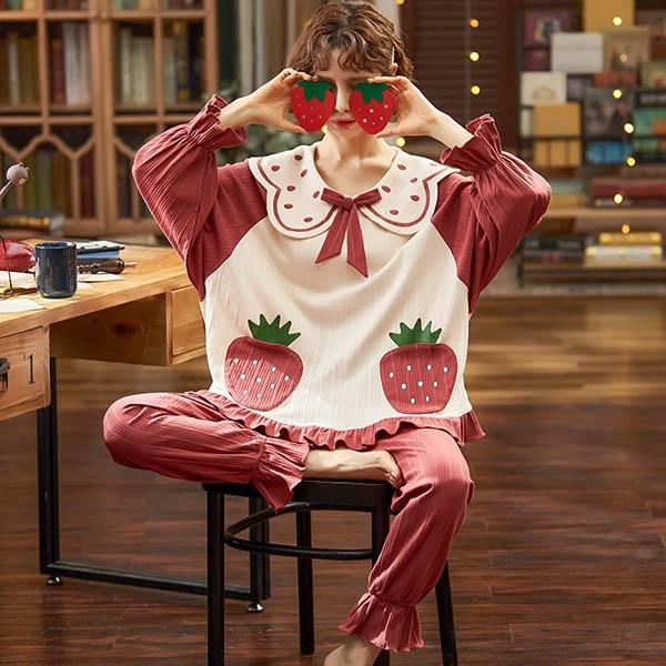 超ポイントアップ祭 上下セット パジャマ 長袖 コットン 冬 秋 ルームウェア イチゴ 寝間着 部屋着 いちご柄 パジャマ サイズ 3l 2xl Ternamedical Org
