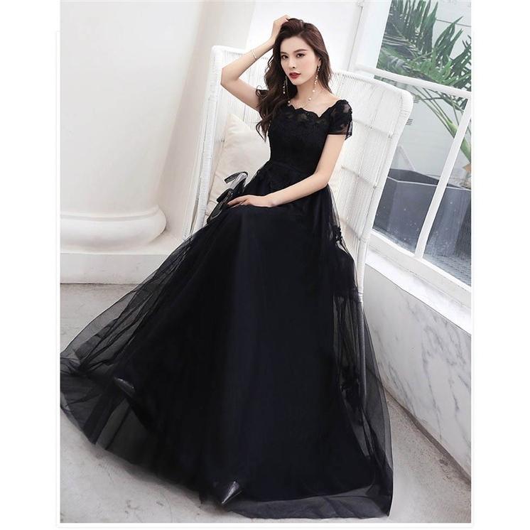 ロングドレス 演奏会 パーティードレス ブラック 黒 袖あり レディース