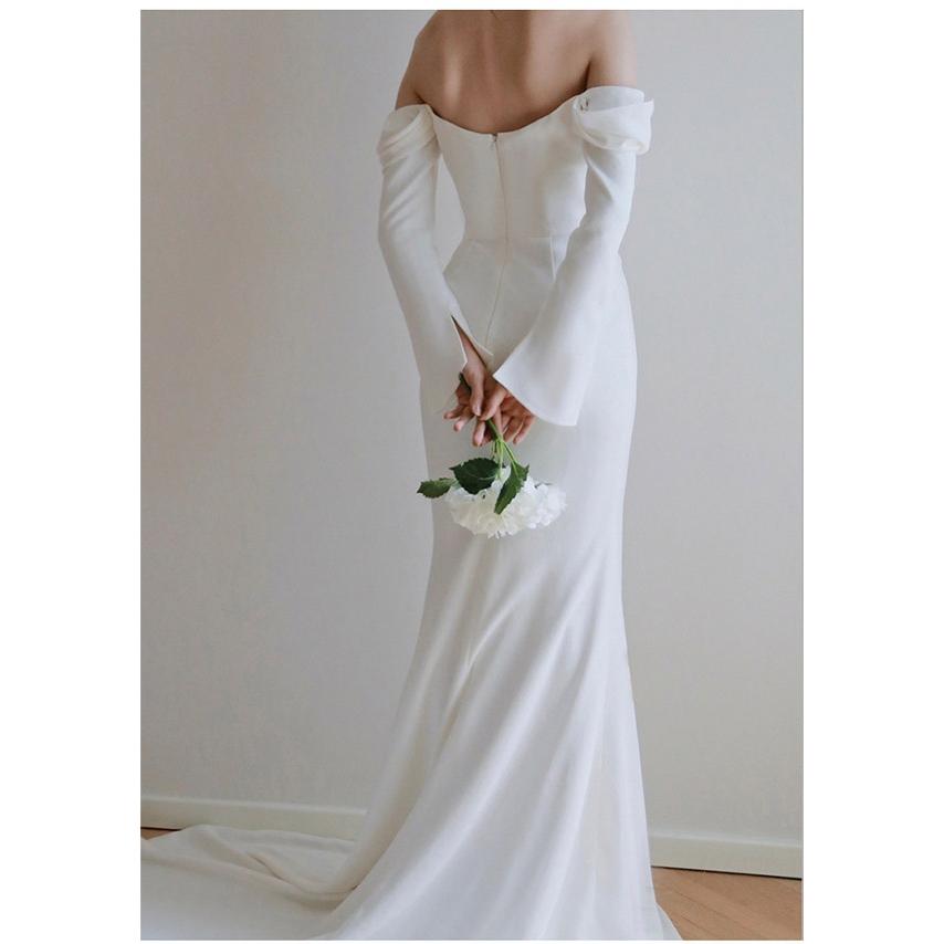 花嫁 ウェディングドレス ファスナー 長袖 肩出し シンプル マーメイド