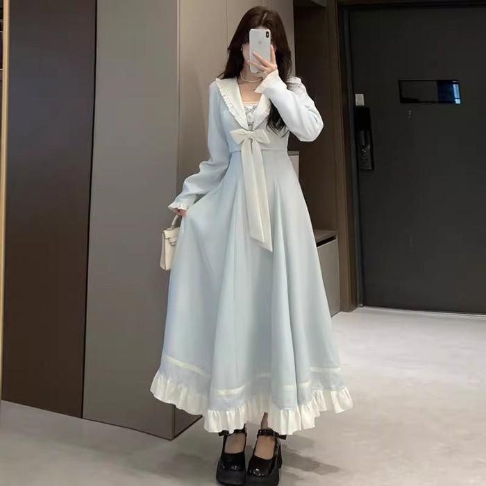 大きいサイズ ワンピース レディース セーラー風 長袖 春 ロングワンピース リボン Aライン フェイクレイヤード 学院風 ロリータ風_1