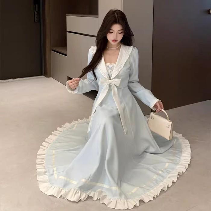 大きいサイズ ワンピース レディース セーラー風 長袖 春 ロングワンピース リボン Aライン フェイクレイヤード 学院風 ロリータ風_6