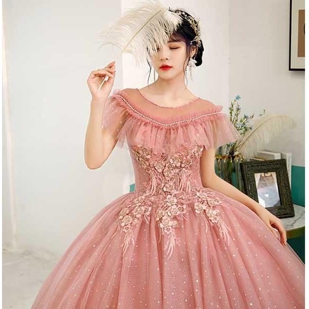 カラードレス ピンク 花柄 刺繍 ロング丈 パーティードレス ピアノ 発表会 成人式 演奏会 二次会 コンサート 編み上げ イブニングドレス