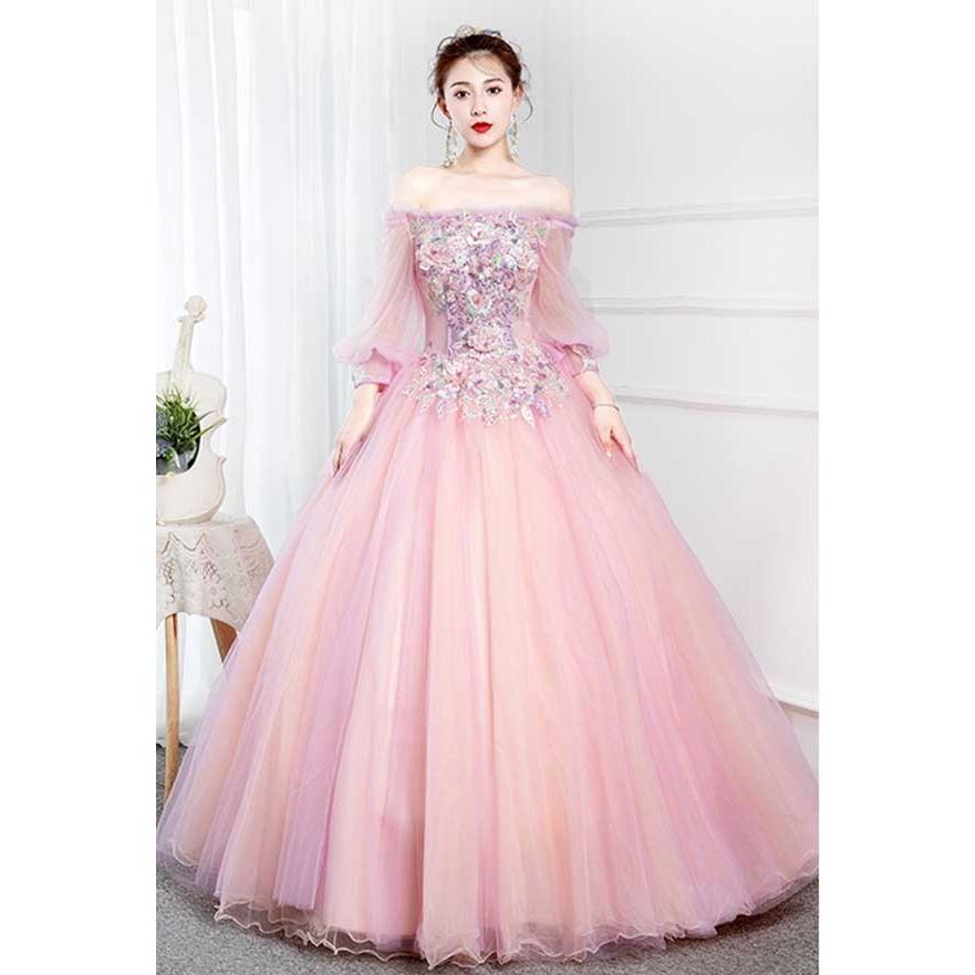 カラードレス ピンク ロング丈 パーティードレス ピアノ 発表会 成人式  