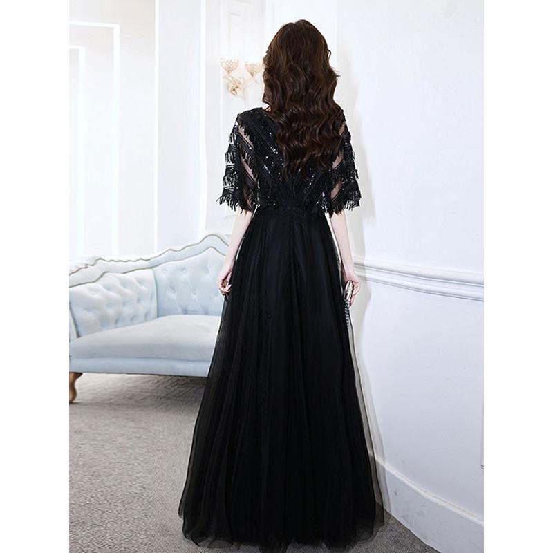 ドレス 大人 ピアノ発表会 演奏会 結婚式 袖付き フェミニン