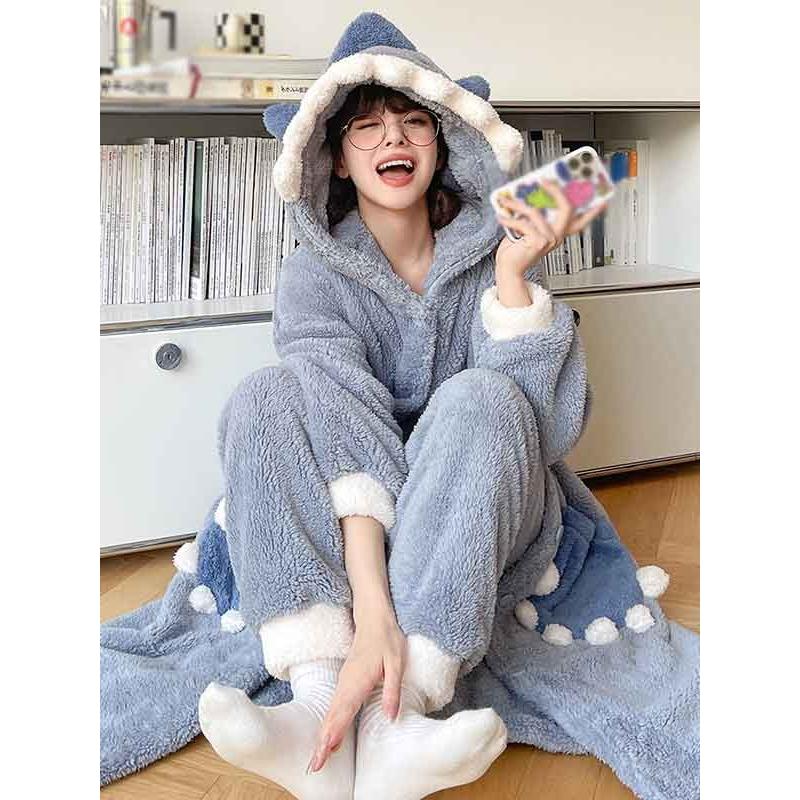 前開き サメ柄 もこもこ パジャマ レディース フード 上下セット 長袖