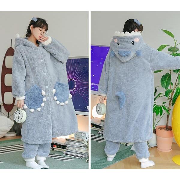 前開き サメ柄 もこもこ パジャマ レディース フード 上下セット 長袖