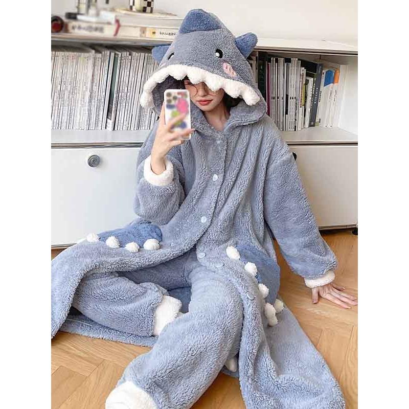 前開き サメ柄 もこもこ パジャマ レディース フード 上下セット 長袖