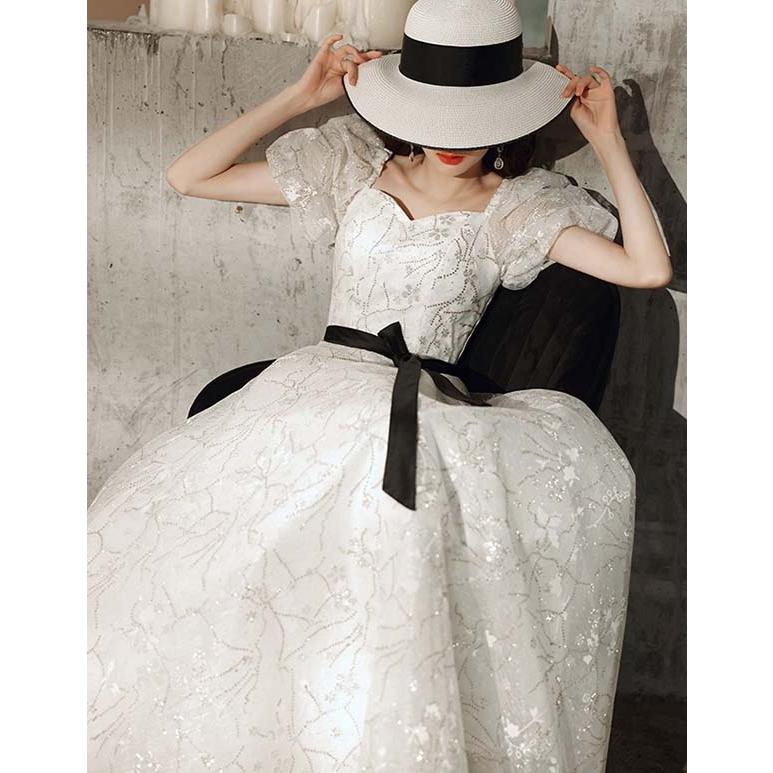 スクエアネック エレガント ドレス 大人 ピアノ 発表会 ロング丈