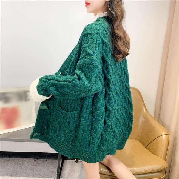 ざっくりニット カーディガン セーター ケーブル編み ロング