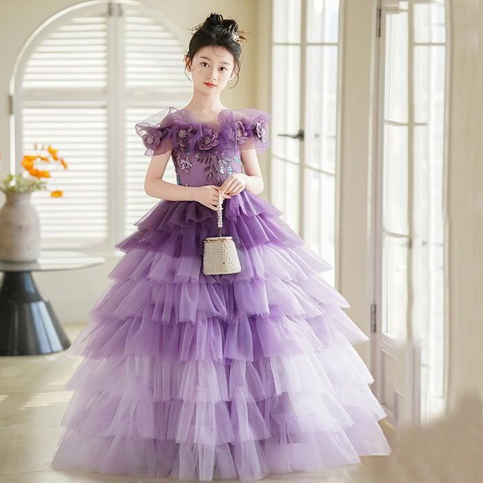 ドレス キッズ 子供ドレス 女の子 パープル ロングドレス フリル ティアードスカート 花柄飾り 発表会 結婚式 ピアノ 演奏会 お呼ばれ 七五三 100cm-160cmの画像