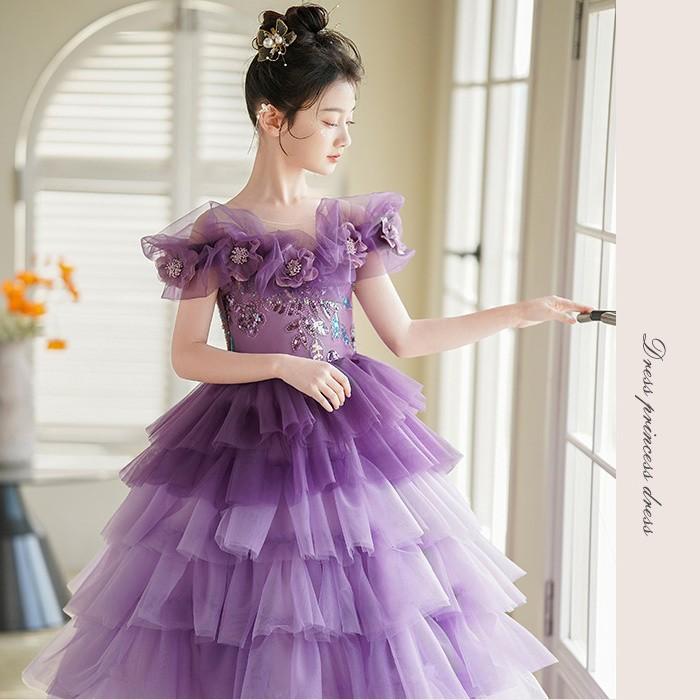 ドレス キッズ 子供ドレス 女の子 パープル ロングドレス フリル ティアードスカート 花柄飾り 発表会 結婚式 ピアノ 演奏会 お呼ばれ 七五三 100cm-160cmの画像