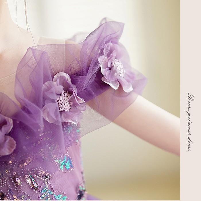 ドレス キッズ 子供ドレス 女の子 パープル ロングドレス フリル ティアードスカート 花柄飾り 発表会 結婚式 ピアノ 演奏会 お呼ばれ 七五三 100cm-160cmの画像