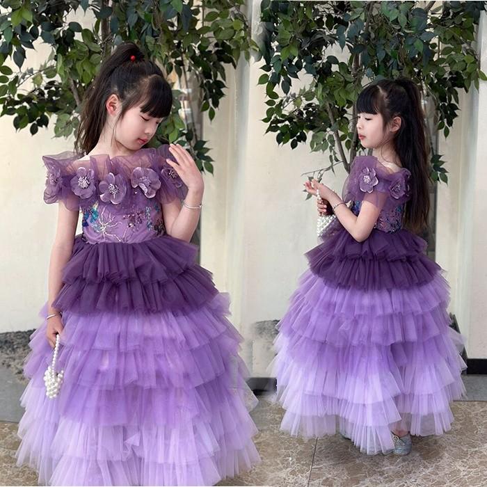 ドレス キッズ 子供ドレス 女の子 パープル ロングドレス フリル ティアードスカート 花柄飾り 発表会 結婚式 ピアノ 演奏会 お呼ばれ 七五三 100cm-160cmの画像