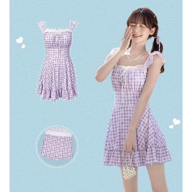 ワンピース水着 服みたいな チェック柄 花柄 水着 レディース