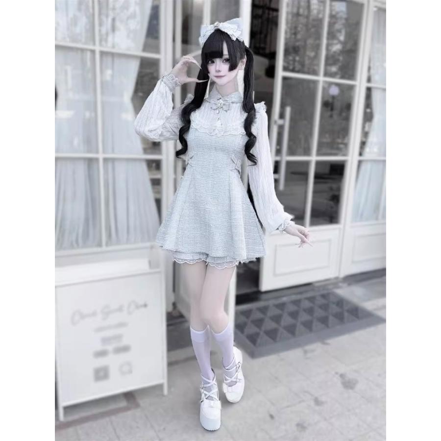 地雷系 ワンピース セットアップ 量産型 レース チェック柄 ロリータ 長袖 レディース 女子 リボン ショート丈 ミニ 黒 ピンク ブルー 水色 S M L XL 2XL_9