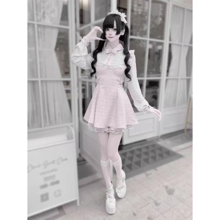 地雷系 ワンピース セットアップ 量産型 レース チェック柄 ロリータ 長袖 レディース 女子 リボン ショート丈 ミニ 黒 ピンク ブルー 水色 S M L XL 2XL_3
