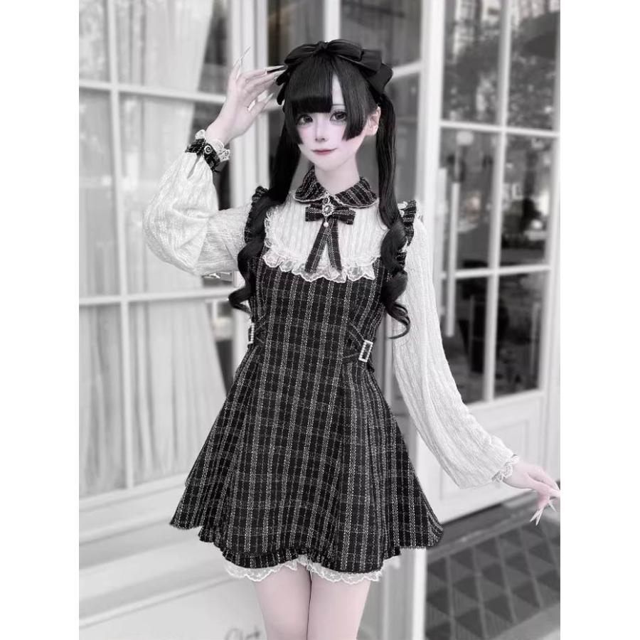 地雷系 ワンピース セットアップ 量産型 レース チェック柄 ロリータ 長袖 レディース 女子 リボン ショート丈 ミニ 黒 ピンク ブルー 水色 S M L XL 2XL_5