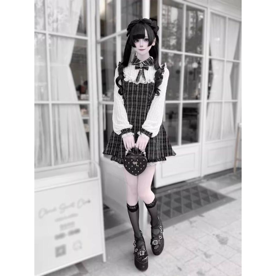 地雷系 ワンピース セットアップ 量産型 レース チェック柄 ロリータ 長袖 レディース 女子 リボン ショート丈 ミニ 黒 ピンク ブルー 水色 S M L XL 2XL_7