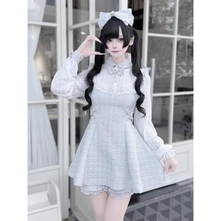 地雷系 ワンピース セットアップ 量産型 レース チェック柄 ロリータ 長袖 レディース 女子 リボン ショート丈 ミニ 黒 ピンク ブルー 水色 S M L XL 2XL_8