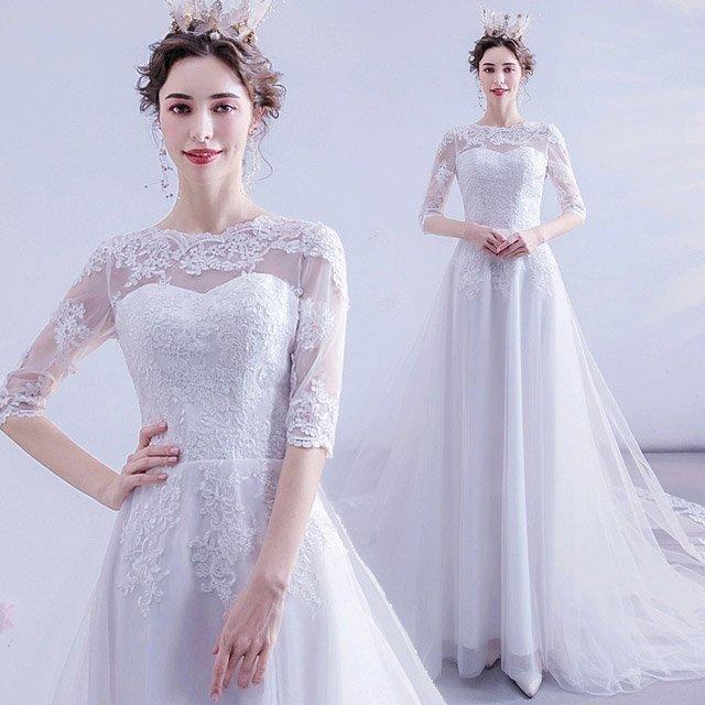 レース 5分袖 5分袖 ウェディングドレス エンパイアドレス 袖あり トレーン エンパイアドレス 結婚式ドレス チュール エレガント トレ Sen レース 花嫁 Sen ブライダル パール ホワイトドレス 一誠