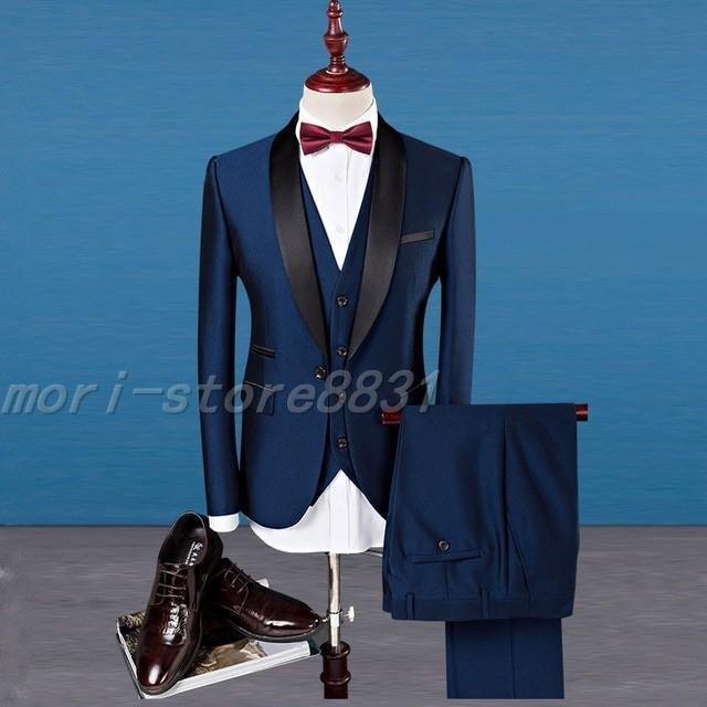 ワイン フォーマルスーツ 紺色 結婚式 スーツ 3ピーススーツ メンズ 披露宴 パーティー 紳士服 3点セット タキシード ビジネススーツ 大きいサイズ