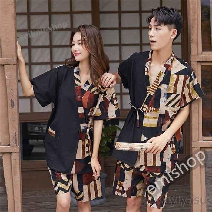 甚平上下セットメンズレディースパジャマオシャレルームウェアユニセックス半袖トップス パンツvネック前開き寝巻き寝巻お風呂 超特価激安