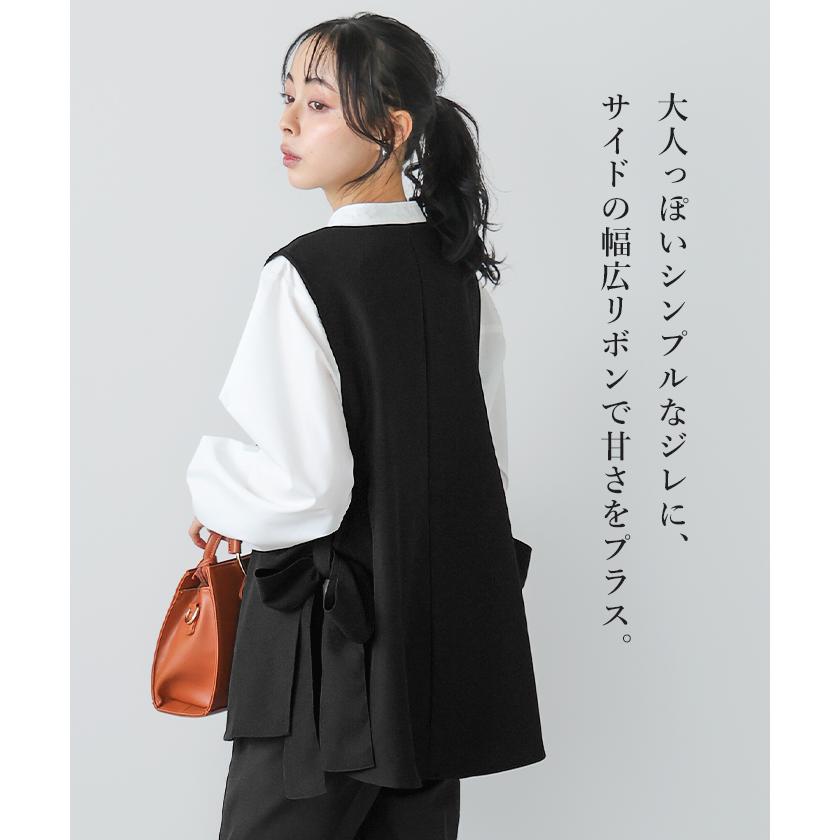ヨリ　ダブルフレアジレ　トップス　ジレ　ティアード　ブラック　りぼん ジレ ベスト レディース トップス 30代 40代 50代 リボン フレア 入学