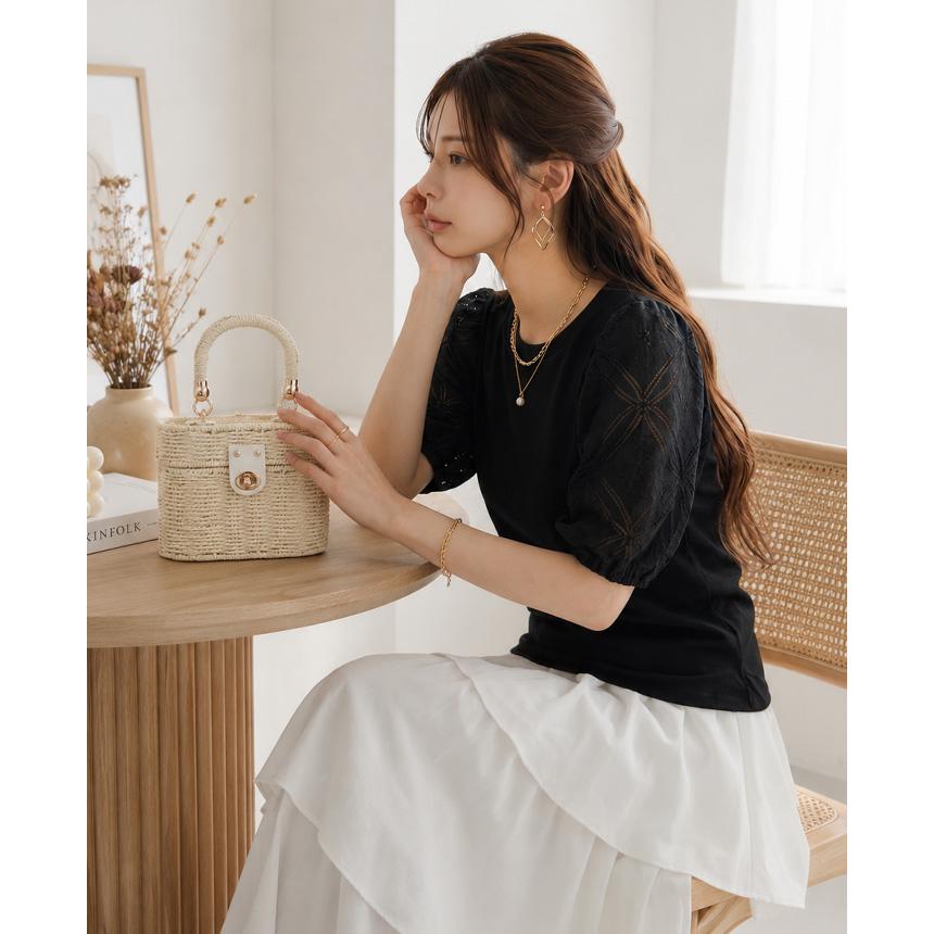 袖レースTシャツ Tシャツ レディース トップス 5分袖 ラウンドネック 