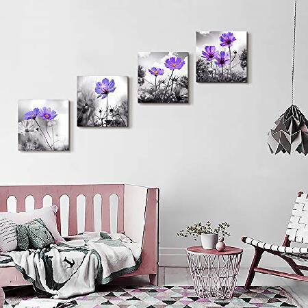 値引 リビングルーム用ウォールアート 黒と白の紫の花 キャンバス壁装飾 ホームデコレーション アートワーク 絵画 12インチ x 12インチ 4枚 キャンバスプリン並行輸入