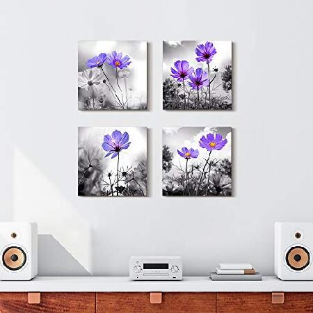 値引 リビングルーム用ウォールアート 黒と白の紫の花 キャンバス壁装飾 ホームデコレーション アートワーク 絵画 12インチ x 12インチ 4枚 キャンバスプリン並行輸入