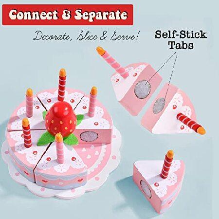 日本公式サイト直販 Brite Tools Wooden Cake Cutting Hook-and-Loop Birthday Party Toy Playset with Numbers Candles 6 Slices Strawberry Pretend Play Food Set for Mo並行輸入