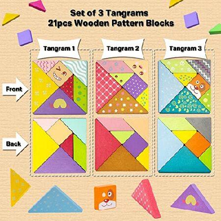 爆買い！ 21pcs Wooden Pattern Blocks for Kids Large Size Set of 3 Wooden Tangrams Puzzles Geometric Shapes Blocks with 20pcs Cards Montessori Learning 並行輸入