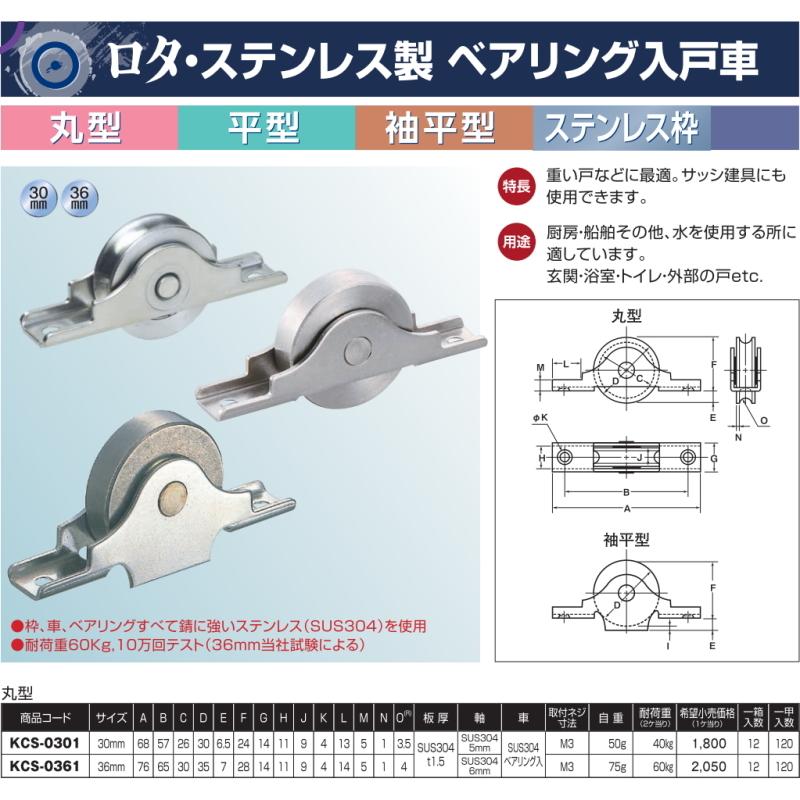 ヨコヅナ　ロタ　ステンレス製　ベアリング入戸車　KCS-0361　36mm　丸型　ステンレス枠　12個入