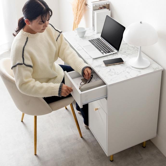 デスク 引き出し付き 幅90cm 大理石柄 大人かわいい ゴールド脚