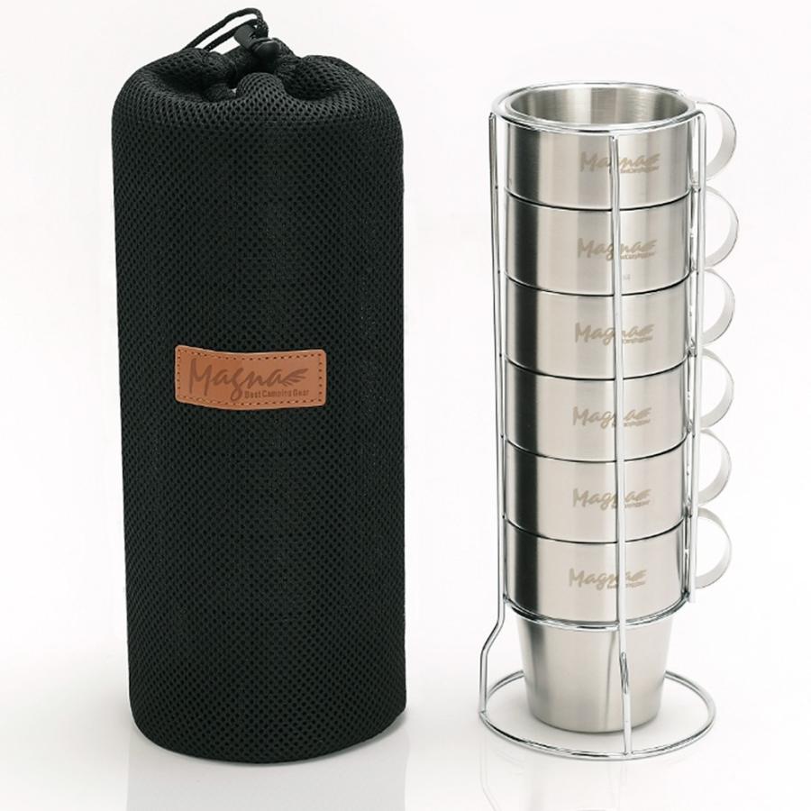 キャンプ マグカップセット アウトドア ステンレス ダブルウォール 二重構造 マグカップ 6個セット メッシュバッグ付き | 