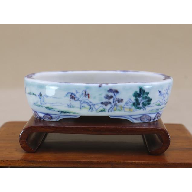 盆栽鉢】 時代鉢 陶翠作 山水図 楕円鉢（無傷 左右9.5cm）いよじ園