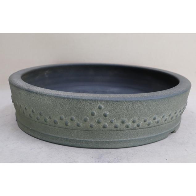 盆栽鉢】 時代鉢 鴻陽作 烏泥太鼓鋲丸鉢（径34cm 無傷）いよじ園