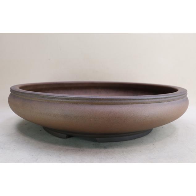 盆栽鉢　時代古鉢水庄園楕円丸縁紫泥大型盆栽平鉢 サイズ48x34x4cm程 盆栽鉢】 時代鉢 陶陽作 紫泥袋式大型丸鉢（径46cm 無傷）いよじ園