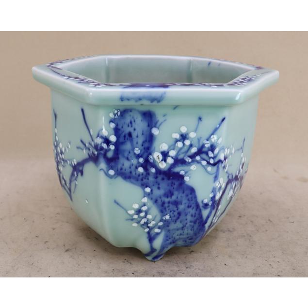 植木鉢　梅花紋　六角鉢　盆栽鉢　古鉢　ガーデニング　時代鉢 盆栽鉢】 時代鉢 瀬戸 梅花紋六角鉢（径21cm 無傷）いよじ園 : 盆栽