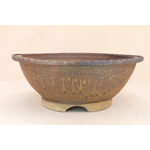 送料無料【盆栽鉢】 時代鉢 小石原焼 登窯仕立 縄縁丸鉢（外径36.5cm 無傷）いよじ園