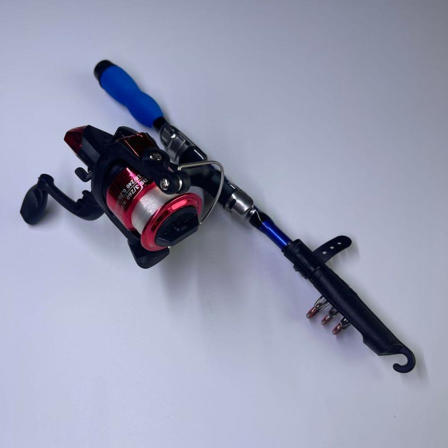釣竿セット リールセット コンパクトロッド 糸付き 青 赤 1m竿