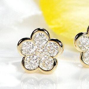 K18YG 1.00ct フラワー モチーフ ダイヤモンド ピアス 人気 ダイヤ 