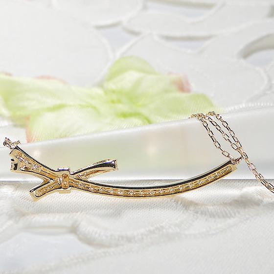 イエローゴールド K18 YG 0.15ct ダイヤモンド リボン ライン ネックレス 送料無料 りぼん ダイヤ 人気 ペンダント 可愛い ギフト 贈り物 ご褒美 ダイヤ AU-0259の画像