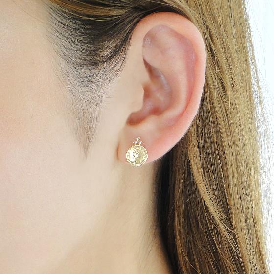 イエローゴールド K18 YG コイン ダイヤモンド ピアス 0.10ct 人気 