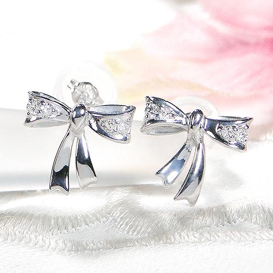 ホワイトゴールド イエローゴールド 0.06ct ダイヤ 18金 リボン 