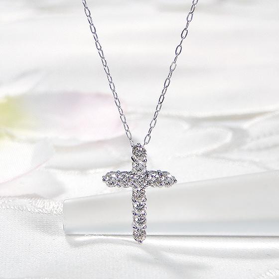 K18WG 0.3ct クロスモチーフ ダイヤモンド ネックレス 送料無料 18金