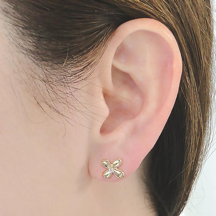K18YG 0.06ct フラワーモチーフ ダイヤモンド ピアス 送料無料 クロス